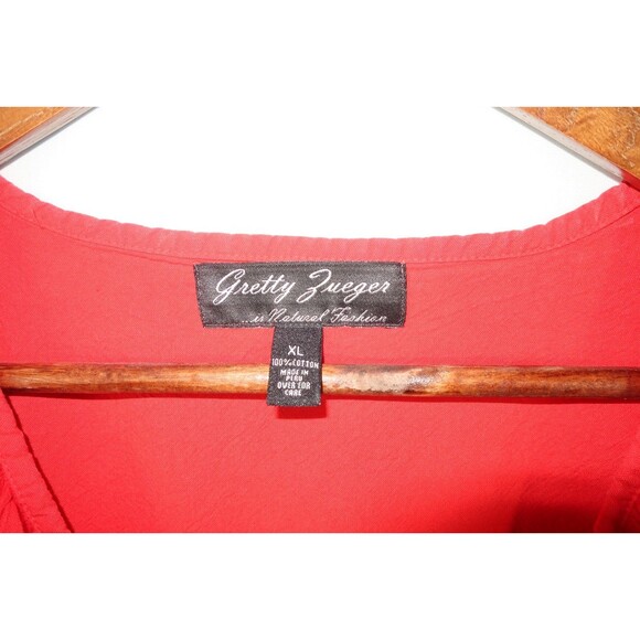 Gretty Zueger Red Ruffle Collar Button Down Shirt 100% Cotton Top Boho Size XL - Picture 3 of 9